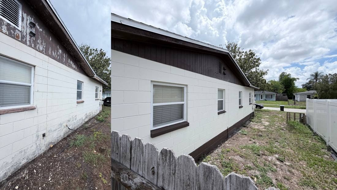 Exterior house repaint before and after in Riverview, FL
