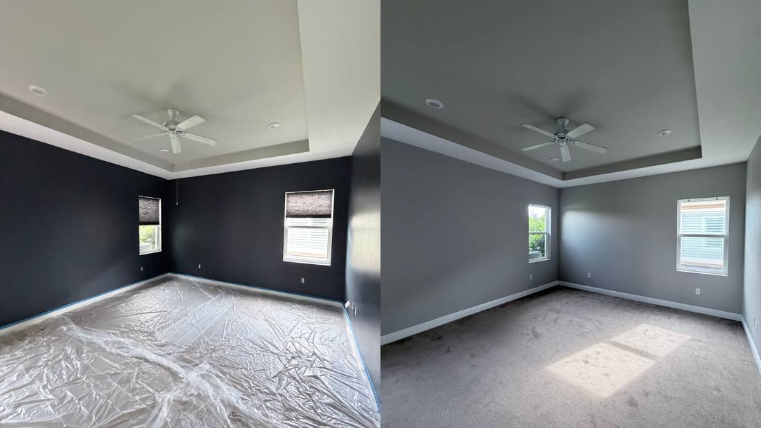 Interior bedroom repaint before and after, dark navy to modern gray
