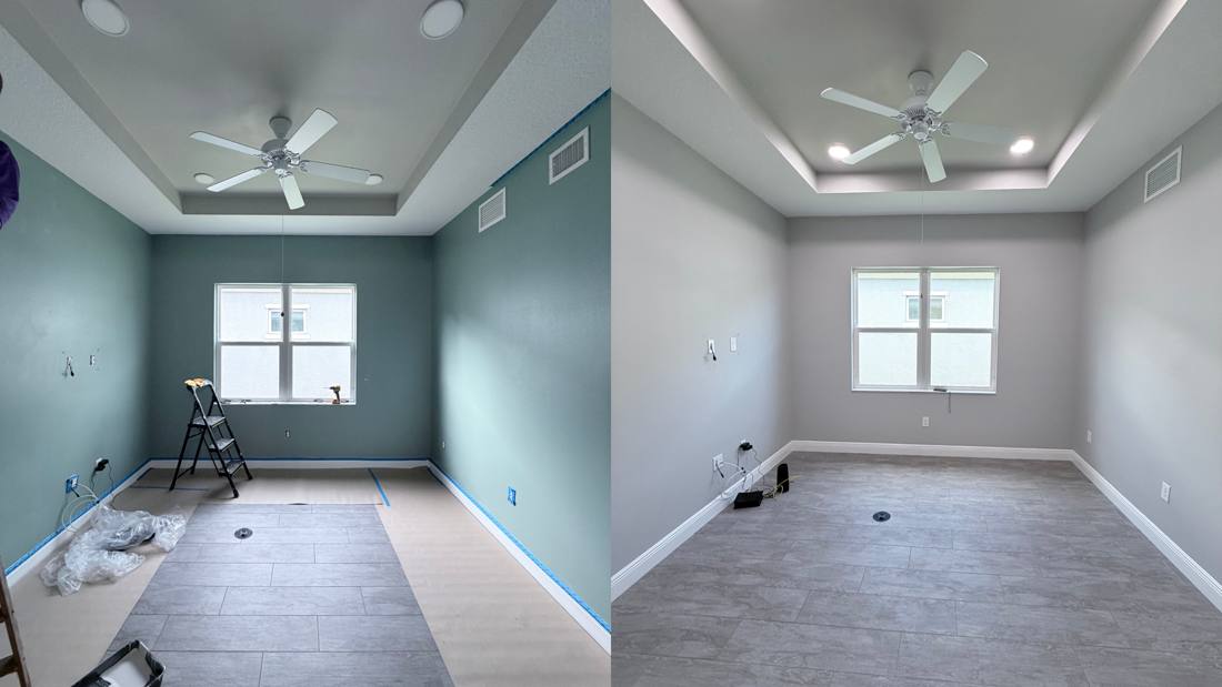 Interior room repaint before and after with tile flooring