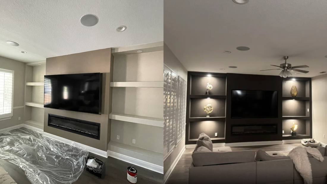 Living room built-in wall repaint before and after